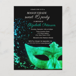 Masquerade Green Masque Black Sweet 16 Einladungspostkarte