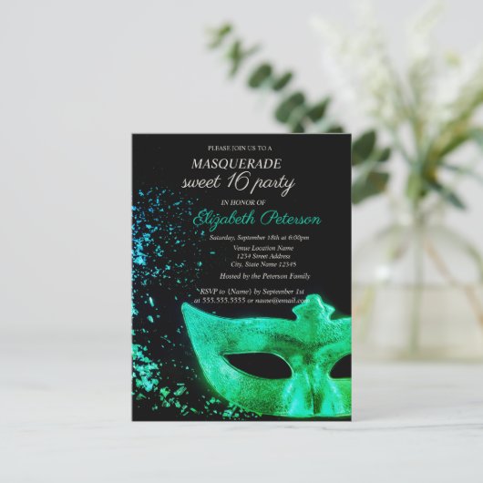 Masquerade Green Masque Black Sweet 16 Einladungspostkarte (Stehend Vorderseite)