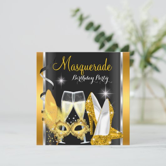 Masquerade Hi Heelses Gold Black Champagne Party 2 Einladung (Stehend Vorderseite)