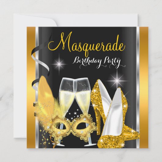 Masquerade Hi Heelses Gold Black Champagne Party 2 Einladung (Vorderseite)