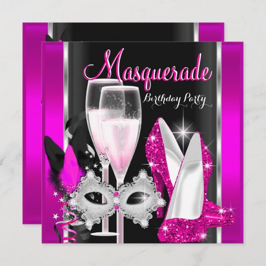Masquerade Hi Heelses Pink Black Champagne Party 3 Einladung (Vorne/Hinten)