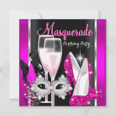 Masquerade Hi Heelses Pink Black Champagne Party 3 Einladung (Vorderseite)