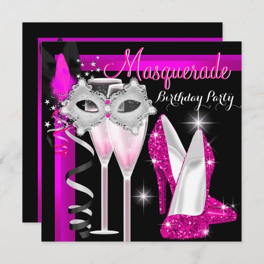 Masquerade Hi Heelses Pink Black Champagne Party 3 Einladung (Vorne/Hinten)
