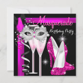 Masquerade Hi Heelses Pink Black Champagne Party 3 Einladung (Vorderseite)
