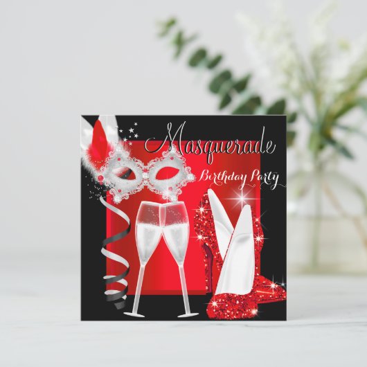Masquerade Hi Heelses Red Black Champagne Party 2 Einladung (Stehend Vorderseite)
