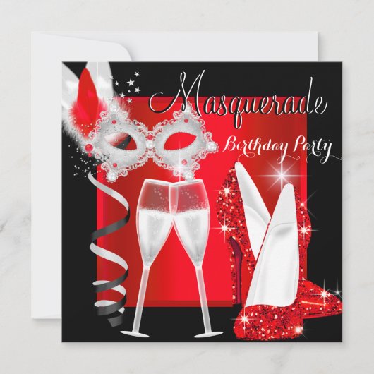 Masquerade Hi Heelses Red Black Champagne Party 2 Einladung (Vorderseite)