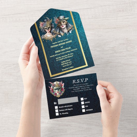 Masquerade Hochzeit blaue Damast Gold Masken Kostü All In One Einladung (Abreißen)