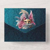 Masquerade Hochzeit blaue Damast Gold Masken Kostü All In One Einladung (Rückseite)