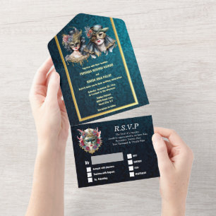 Masquerade Hochzeit blaue Damast Gold Masken Kostü All In One Einladung