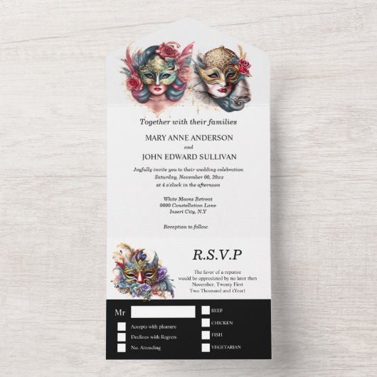 Masquerade Hochzeit | Bräutigam venezianische Mask All In One Einladung (Innen Boden)