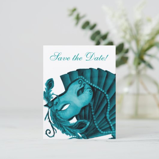 Masquerade in Aquamarin Save the Date (Stehend Vorderseite)