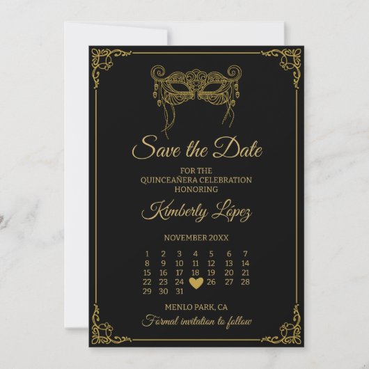Masquerade Kalender Save the Date Quinceañera Einladung (Vorderseite)