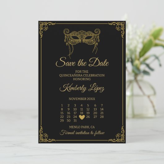 Masquerade Kalender Save the Date Quinceañera Einladung (Stehend Vorderseite)