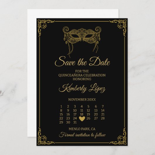 Masquerade Kalender Save the Date Quinceañera Einladung (Vorne/Hinten)
