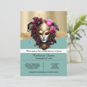Masquerade Karneval Gesichtsmaske Blau Gold Rosa R Einladung (Stehend Vorderseite)