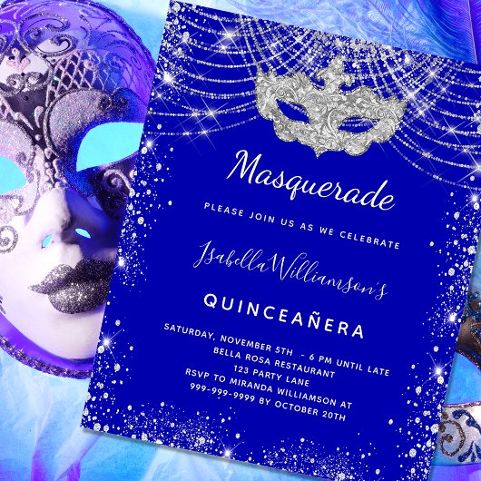 Masquerade Königsblau Quinceanera Einladung Flyer