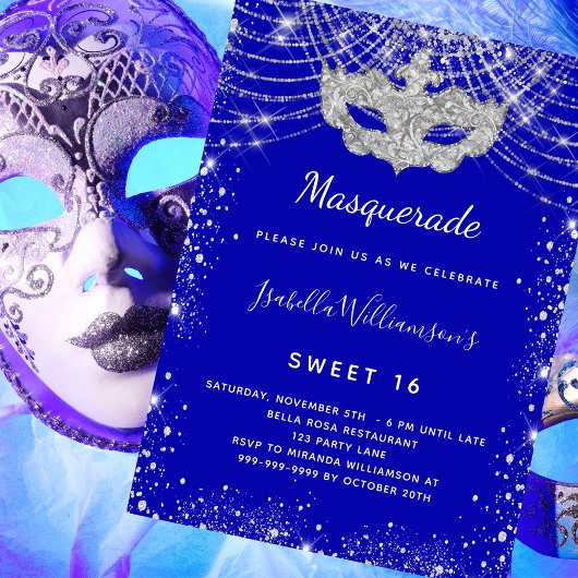 Masquerade königsblau silber Sweet 16 Party Luxus Einladung