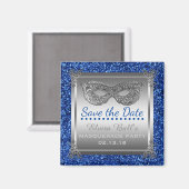 Masquerade Kostume Party Blau Silber Save the Date Magnet (Vorderseite/Rückseite)