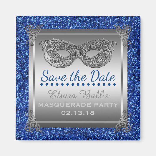 Masquerade Kostume Party Blau Silber Save the Date Magnet (Vorne)