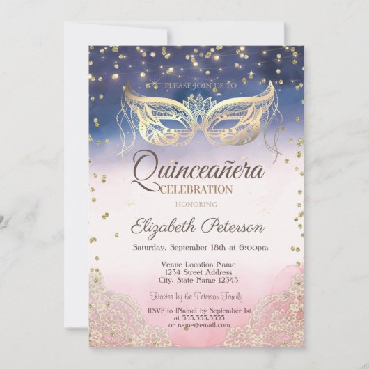 Masquerade, Lace, Diamonds Ombre Quinceañera Einladung (Vorderseite)