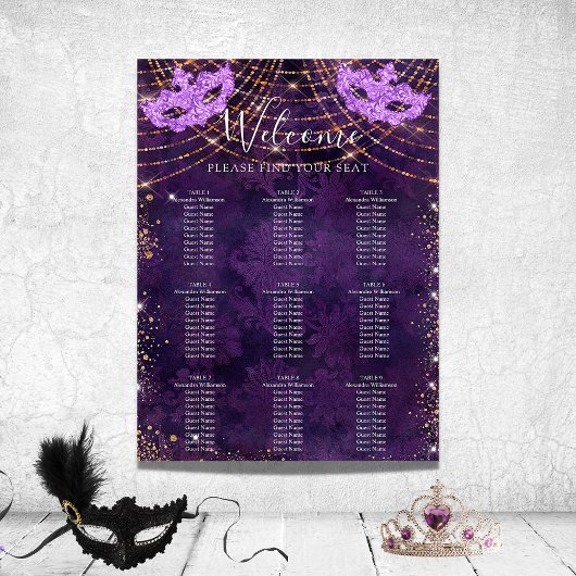 Masquerade lila Glitzer 9 Tabellen Sitzplakette Poster