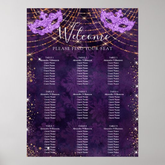 Masquerade lila Glitzer 9 Tabellen Sitzplakette Poster (Vorne)