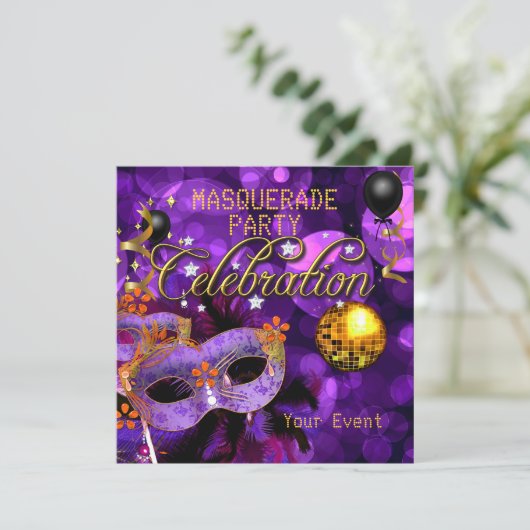 MASQUERADE Lila Gold Dance Party Diskothek Bellinz Einladung (Stehend Vorderseite)