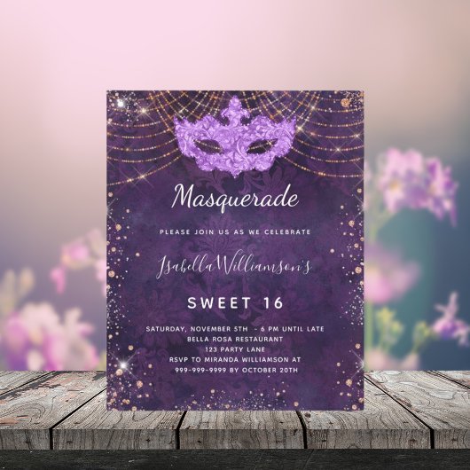 Masquerade lila Gold Sweet 16 Einladung Flyer