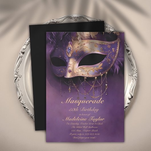 Masquerade Lila Gold Venedig Maske 50. Geburtstag Einladung