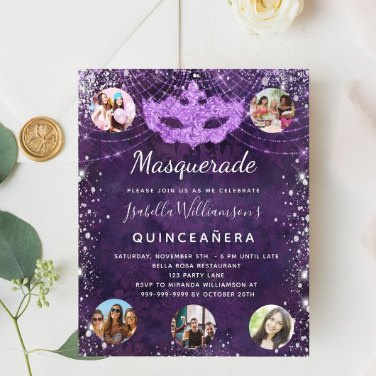 Masquerade lila Quinceanera Einladung Flyer