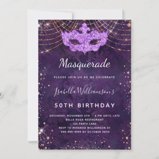Masquerade lila Rose Gold Glitzer Geburtstagsparty Einladung (Vorderseite)