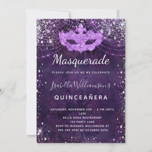 Masquerade lila silber Glitzer Staub Quinceanera Einladung (Vorderseite)