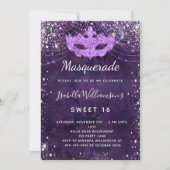 Masquerade lila silber Glitzer Sweet 16 Einladung (Vorderseite)