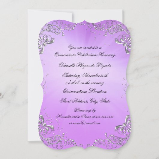 Masquerade Lila Silver Quinceanera Geburtstag Einladung (Rückseite)