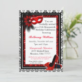 Masquerade Mardi Gras Roter Glitzer Einladung (Stehend Vorderseite)