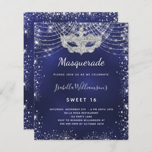 Masquerade Marine blau silber Sweet 16 Einladung (Vorne/Hinten)