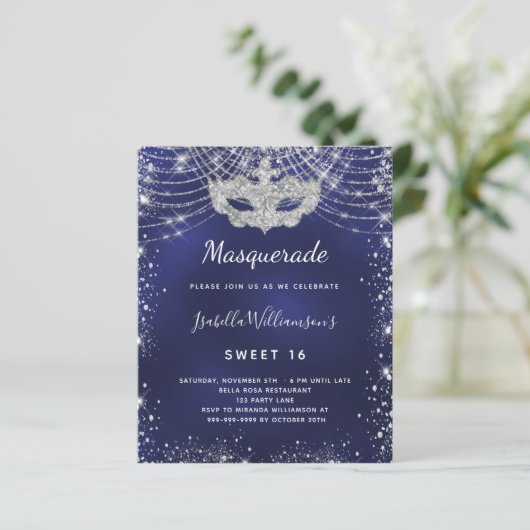 Masquerade Marine blau silber Sweet 16 Einladung (Stehend Vorderseite)