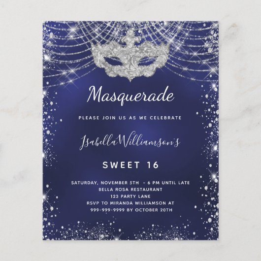 Masquerade Marine blau silber Sweet 16 Einladung (Vorderseite)