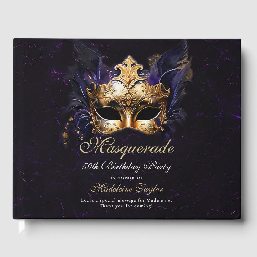 Masquerade Mask Gold Purple Dramatic 50th Birthday Gästebuch (Vorderseite)
