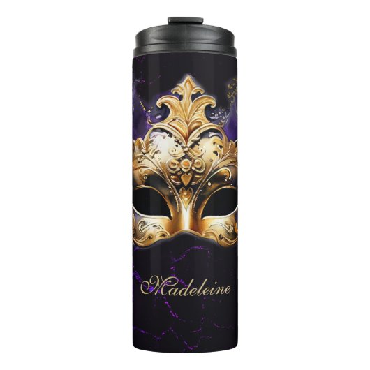 Masquerade Mask Gold Purple Dramatic Name Gift Thermosbecher (Vorderseite)