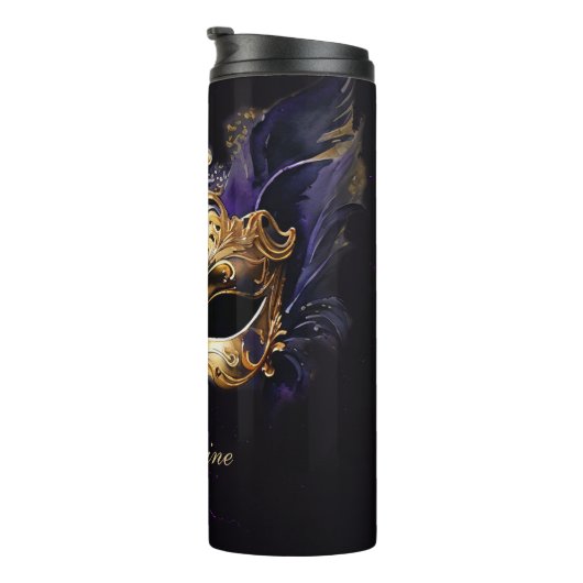 Masquerade Mask Gold Purple Dramatic Name Gift Thermosbecher (Nach rechts gedreht)