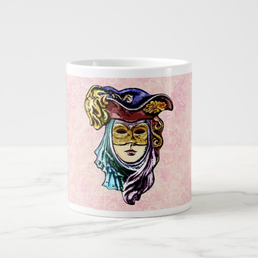 Masquerade Mask on Dusty Pink Brocade Muster Jumbo-Tasse (Vorderseite)