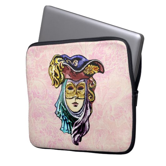 Masquerade Mask on Dusty Pink Brocade Muster Laptopschutzhülle (Vorderseite Links)