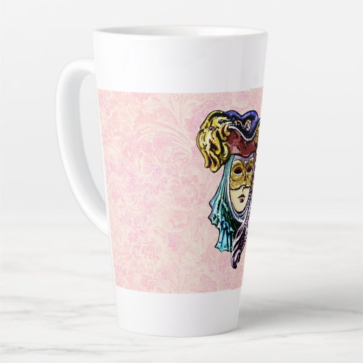 Masquerade Mask on Dusty Pink Brocade Muster Milchtasse (Linke Ecke)