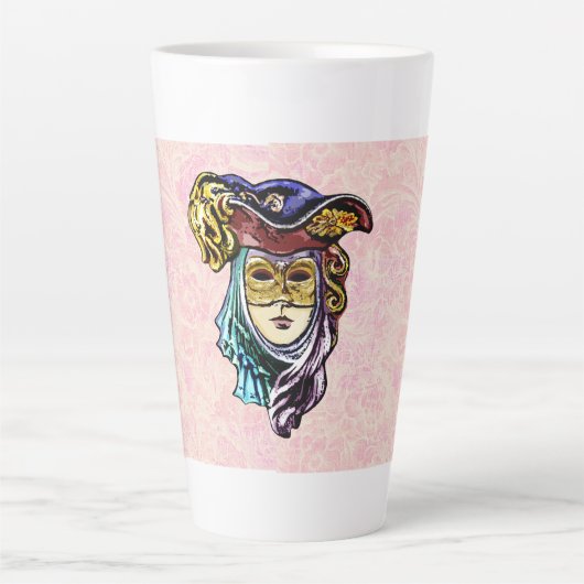 Masquerade Mask on Dusty Pink Brocade Muster Milchtasse (Vorderseite)