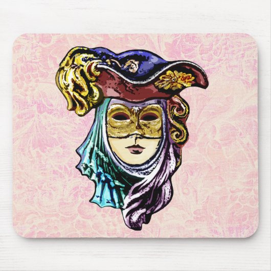 Masquerade Mask on Dusty Pink Brocade Muster Mousepad (Vorne)