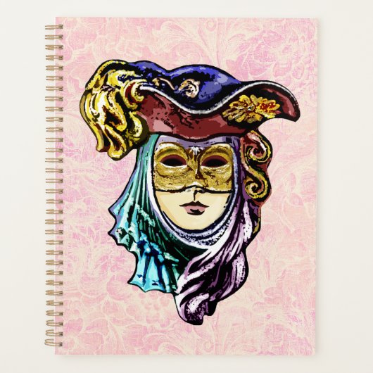 Masquerade Mask on Dusty Pink Brocade Muster Planer (Vorderseite)