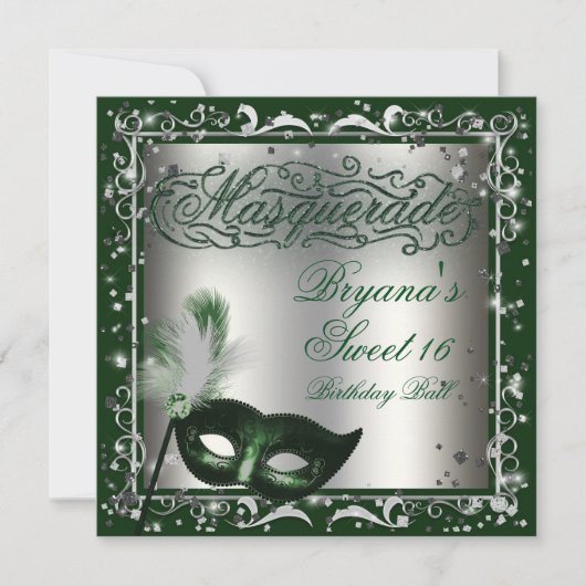 Masquerade Mask Silver & Green Geburtstagsparty Einladung (Vorderseite)
