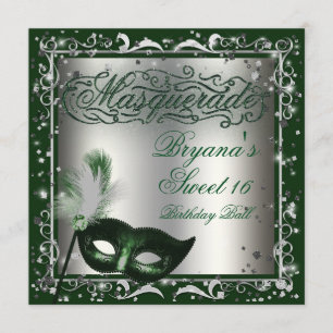 Masquerade Mask Silver & Green Geburtstagsparty Einladung
