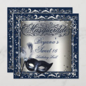 Masquerade Mask Silver & Royal Blue Birthday Party Einladung (Vorne/Hinten)